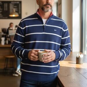 VINEYARD VINES Saltwater 1/4 Quarter Zip Sweater Men L Blue White Striped Cotton